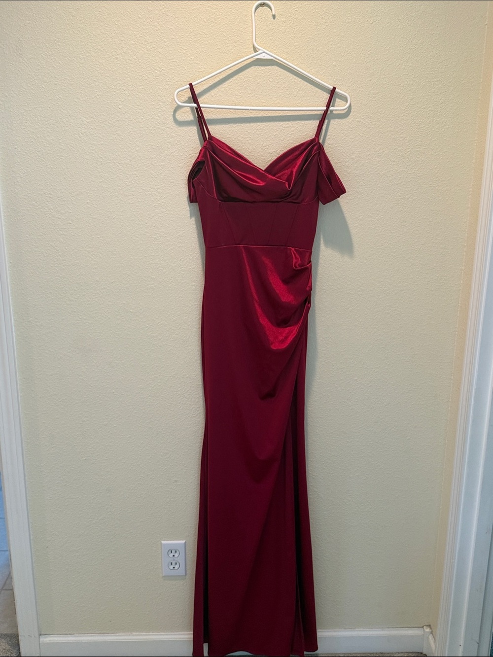 B Darlin Wine Burgundy Satin Off-Shoulder Spaghetti Strap Gown